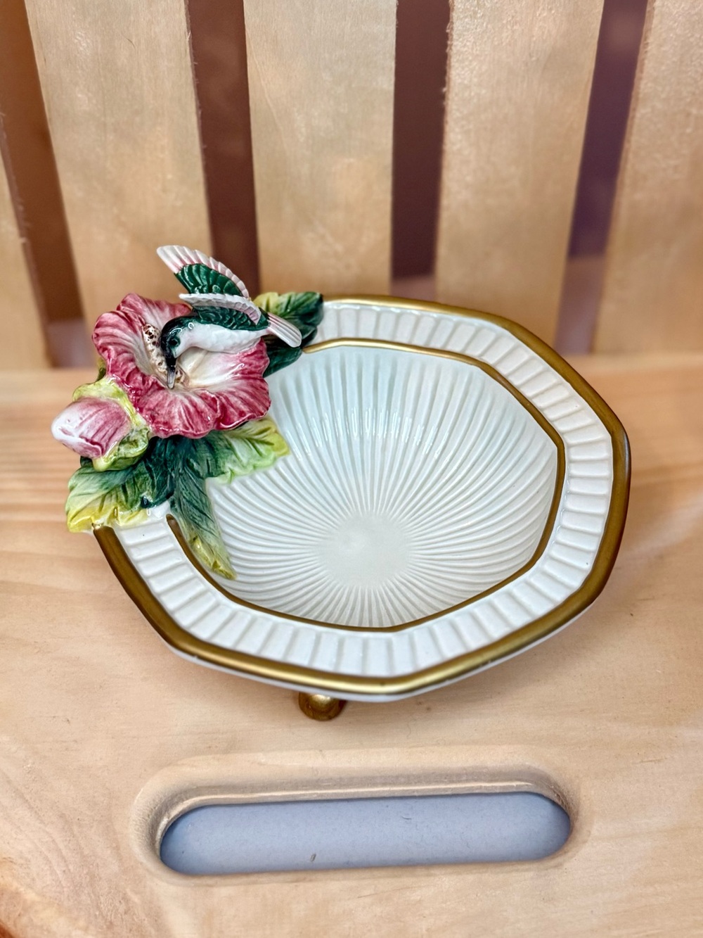 Fitz and Floyd Hummingbird & Hibiscus Footed Candy Dish - Porcelain - EVC